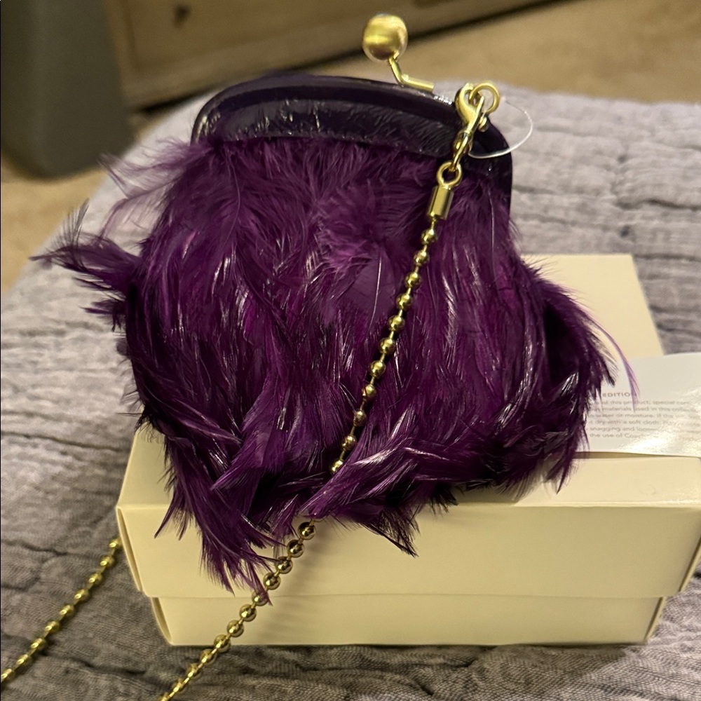 Coach Poppy Purple Osteich Feather Clutch with Gold Chain